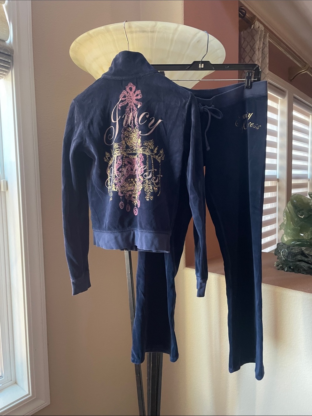 Juicy Couture Navy Velour Track Jacket and Joggers with Pink & Gold Embroidery